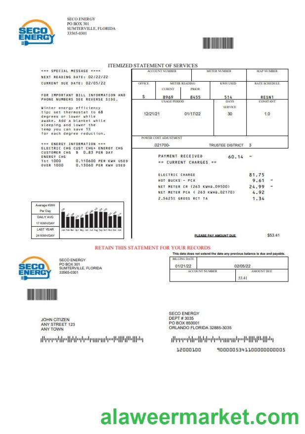 USA Florida Seco Energy utility bill template in Word and PDF format